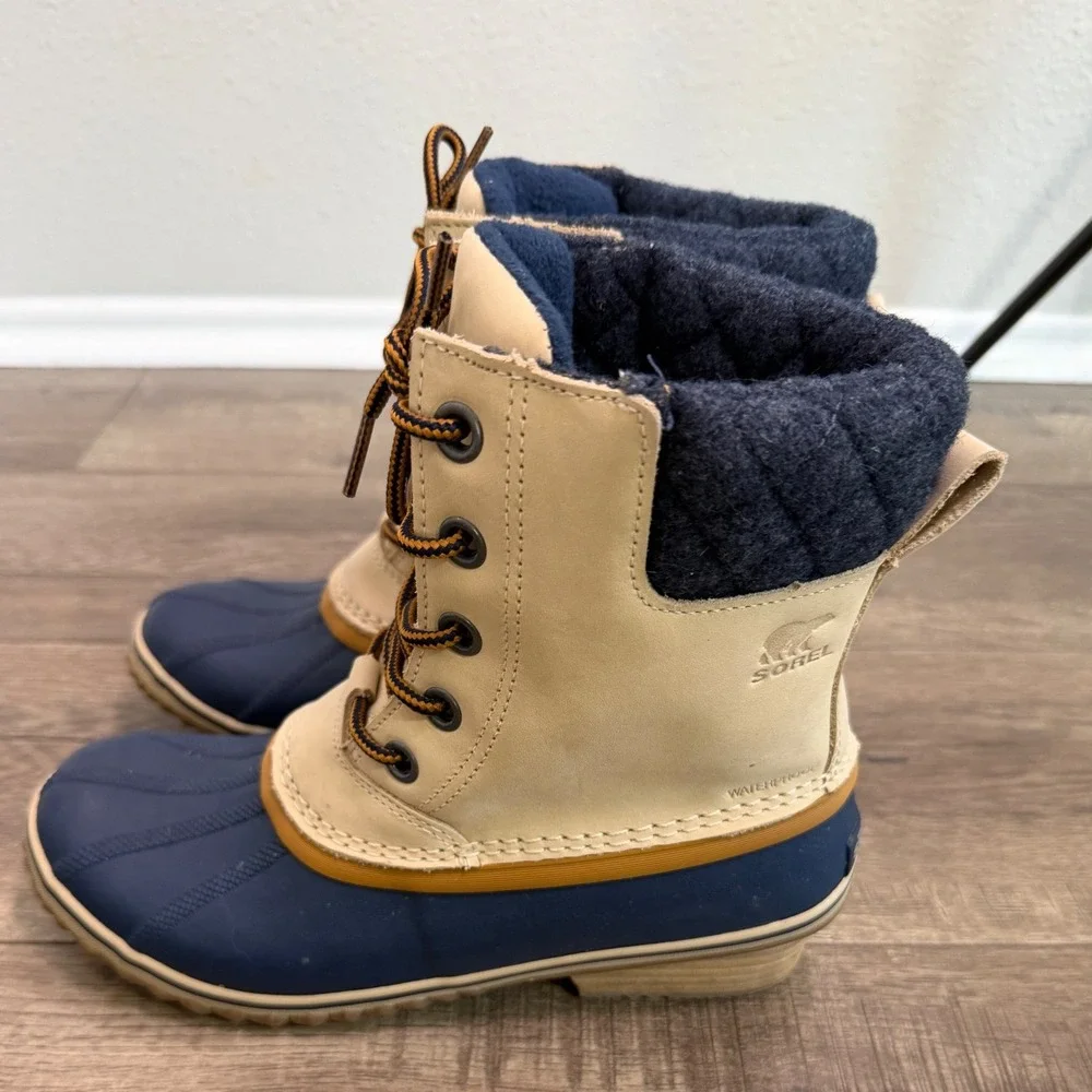 Sorel‎ Womens Slimpack Duck Boots Waterproof Winter Snow Beige Navy Size 9.5